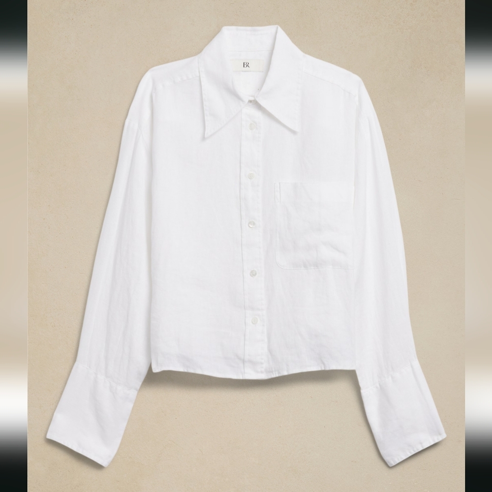 BANANA REPUBLIC crisp white 100% linen "boxy cropped" long sleeve top, sz S